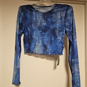 Blue Long Sleeve Junior Mesh Crop Top, Size MEDIUM